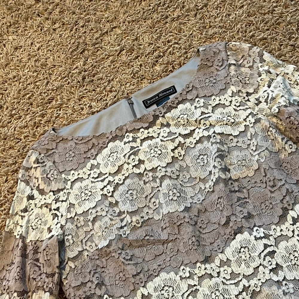 Jessica Howard Floral Lace Sheath Dress Taupe Cream‎ 3/4 Sleeve Size 10